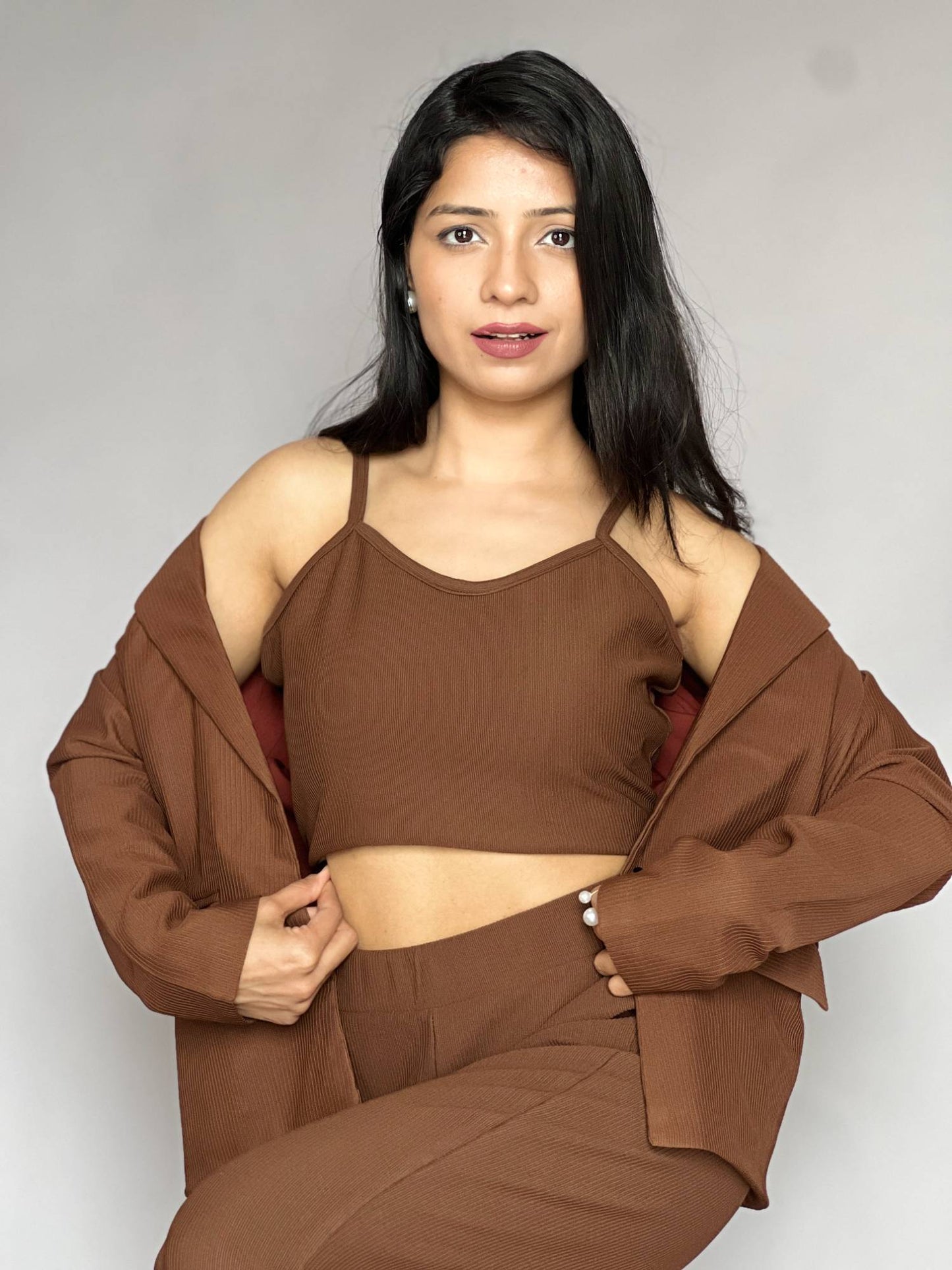 Brown Three-Piece Blazer Co-Ord Set