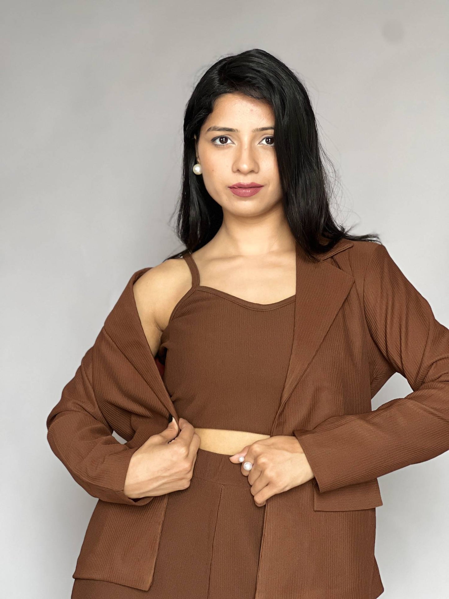 Brown Three-Piece Blazer Co-Ord Set