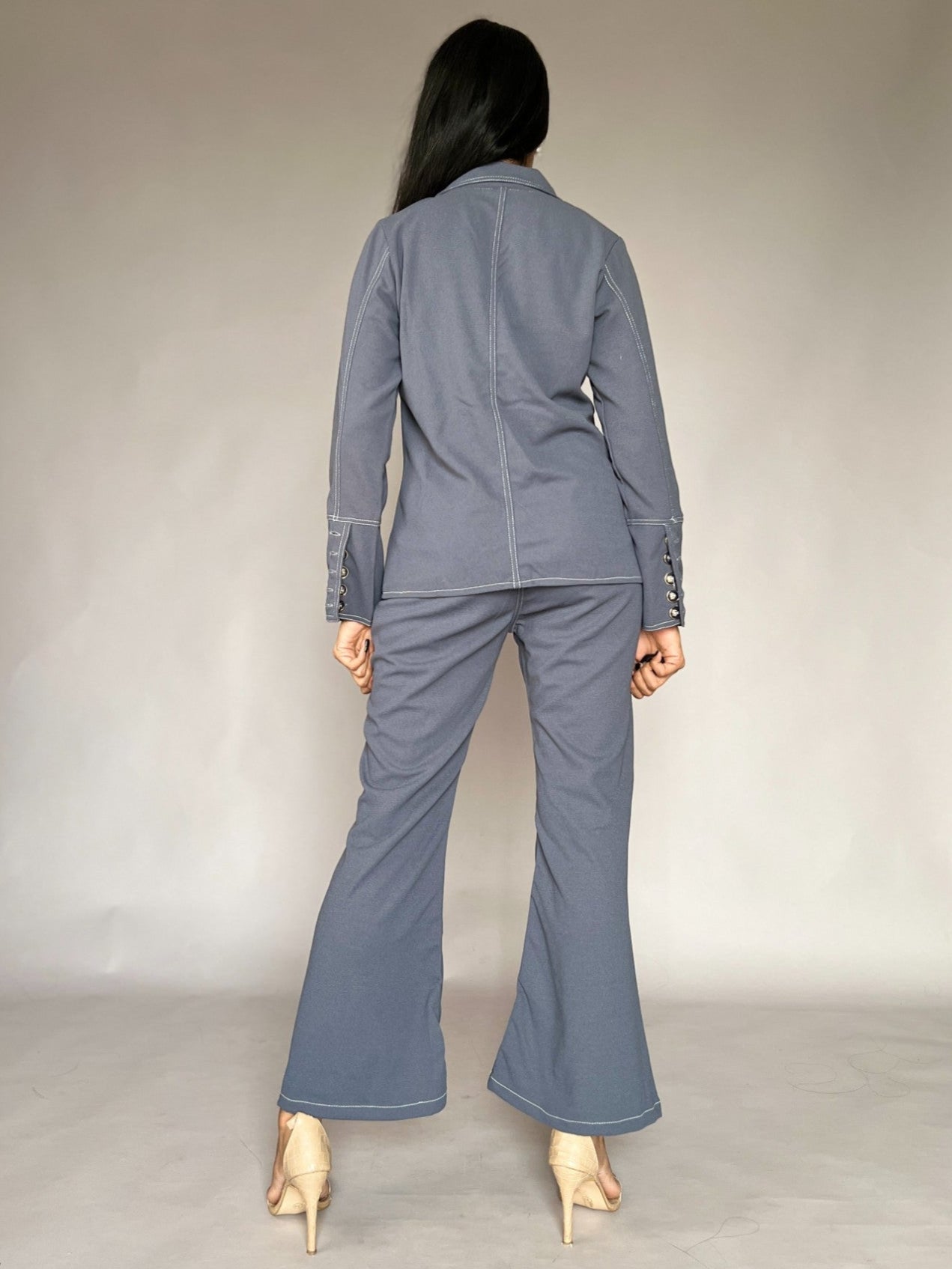 Grey Flared Pants Blazer 2 Piece Co-Ord Set