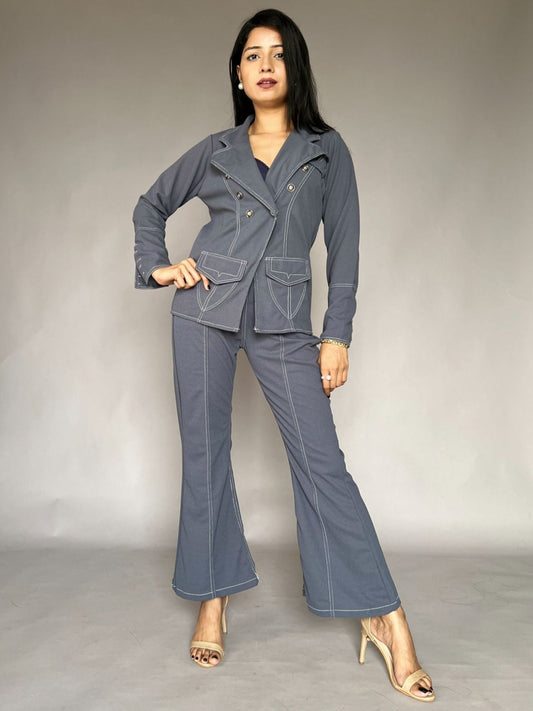 Grey Flared Pants Blazer 2 Piece Co-Ord Set