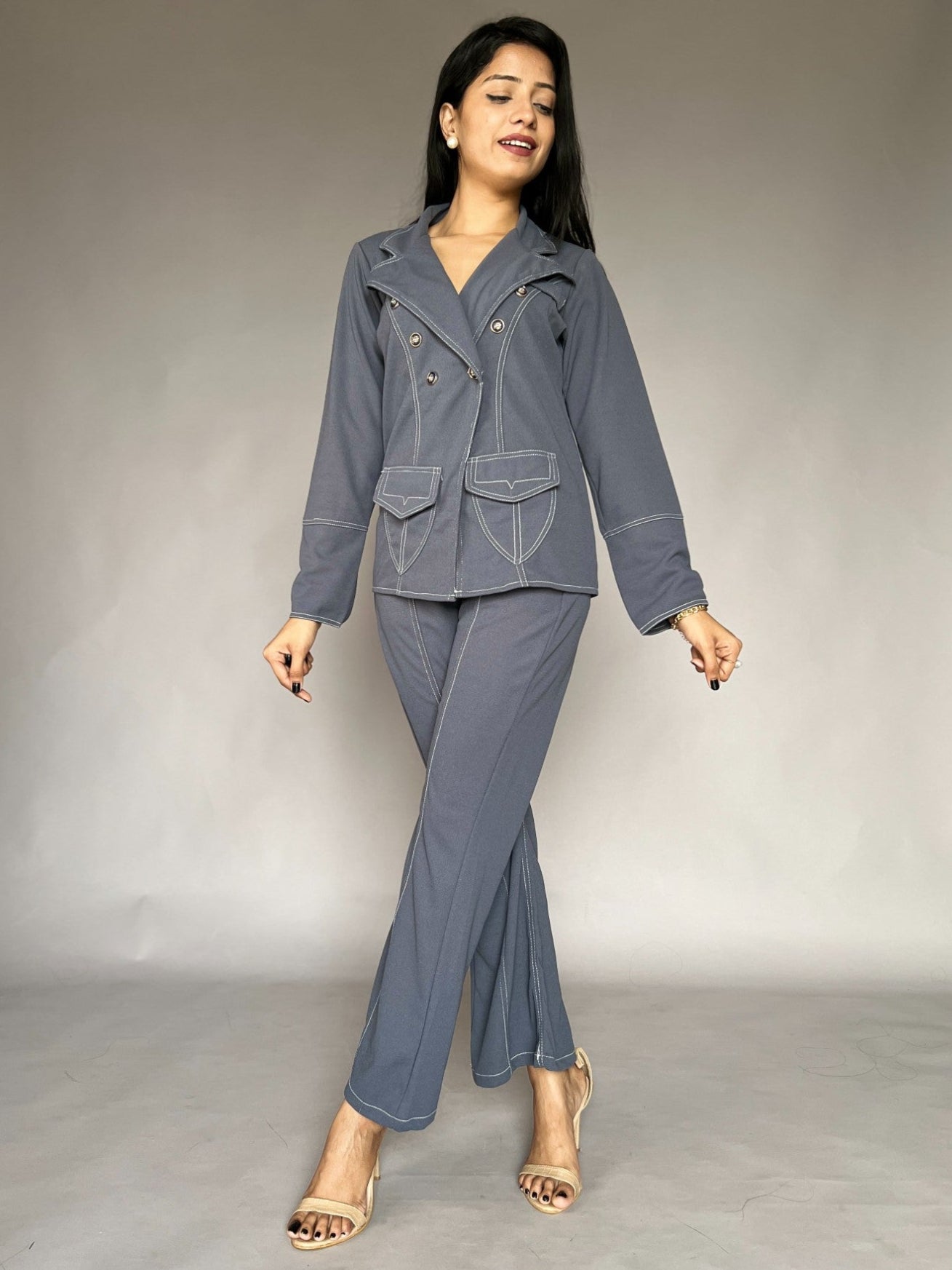 Grey Flared Pants Blazer 2 Piece Co-Ord Set
