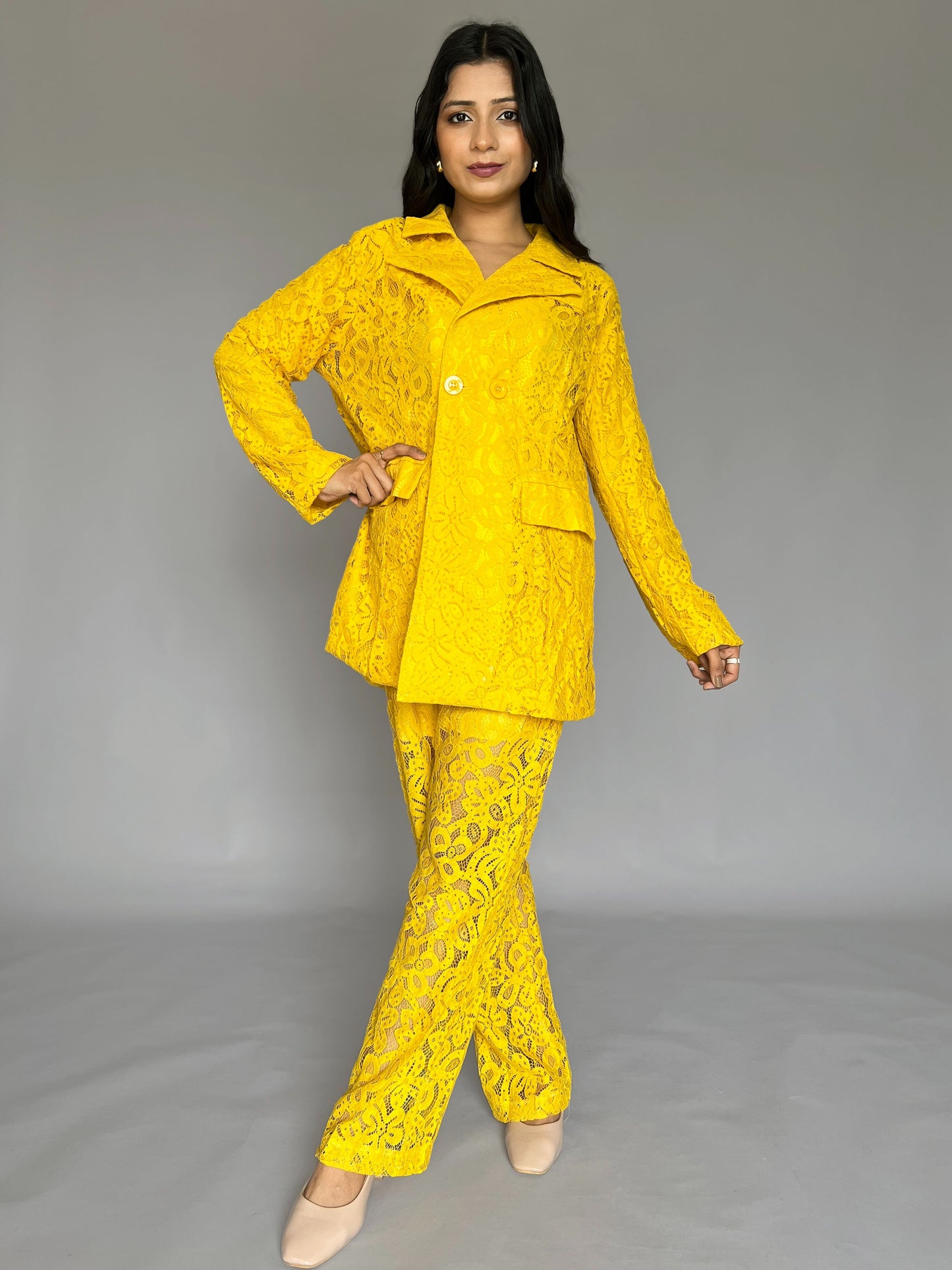 Yellow Lace Blazer Coord Set