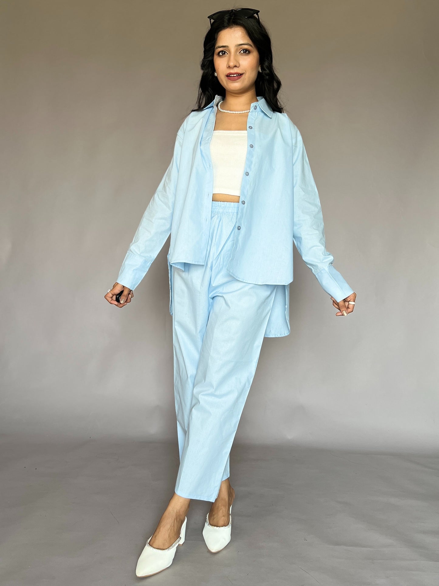 Dusty Blue 2-Piece Cotton Shirt Set