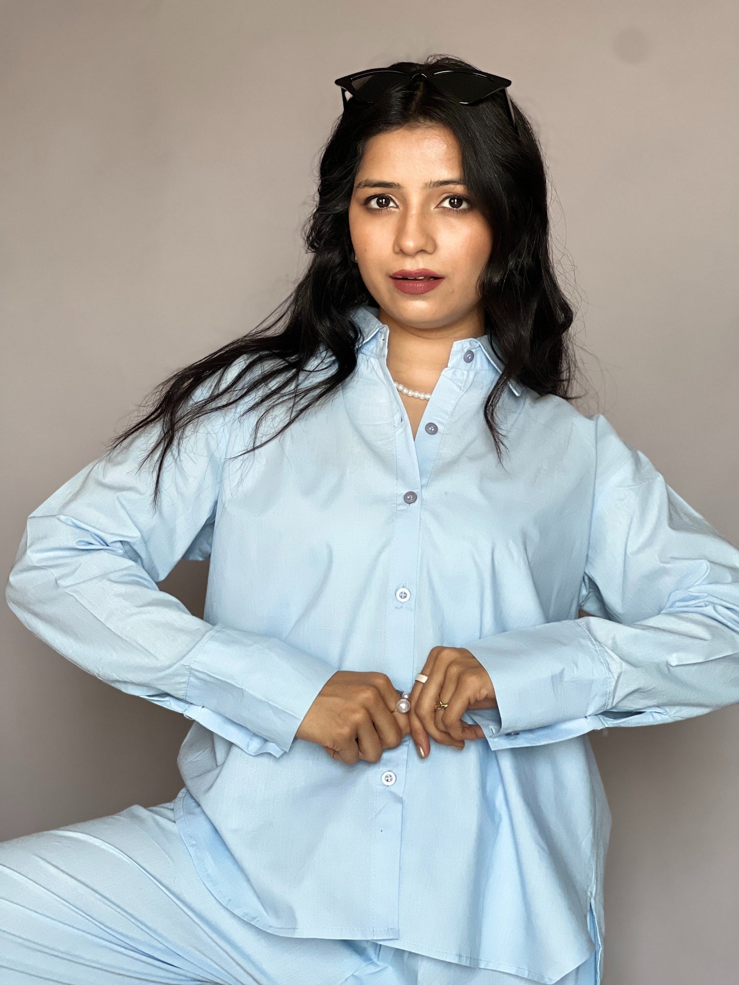 Dusty Blue 2-Piece Cotton Shirt Set