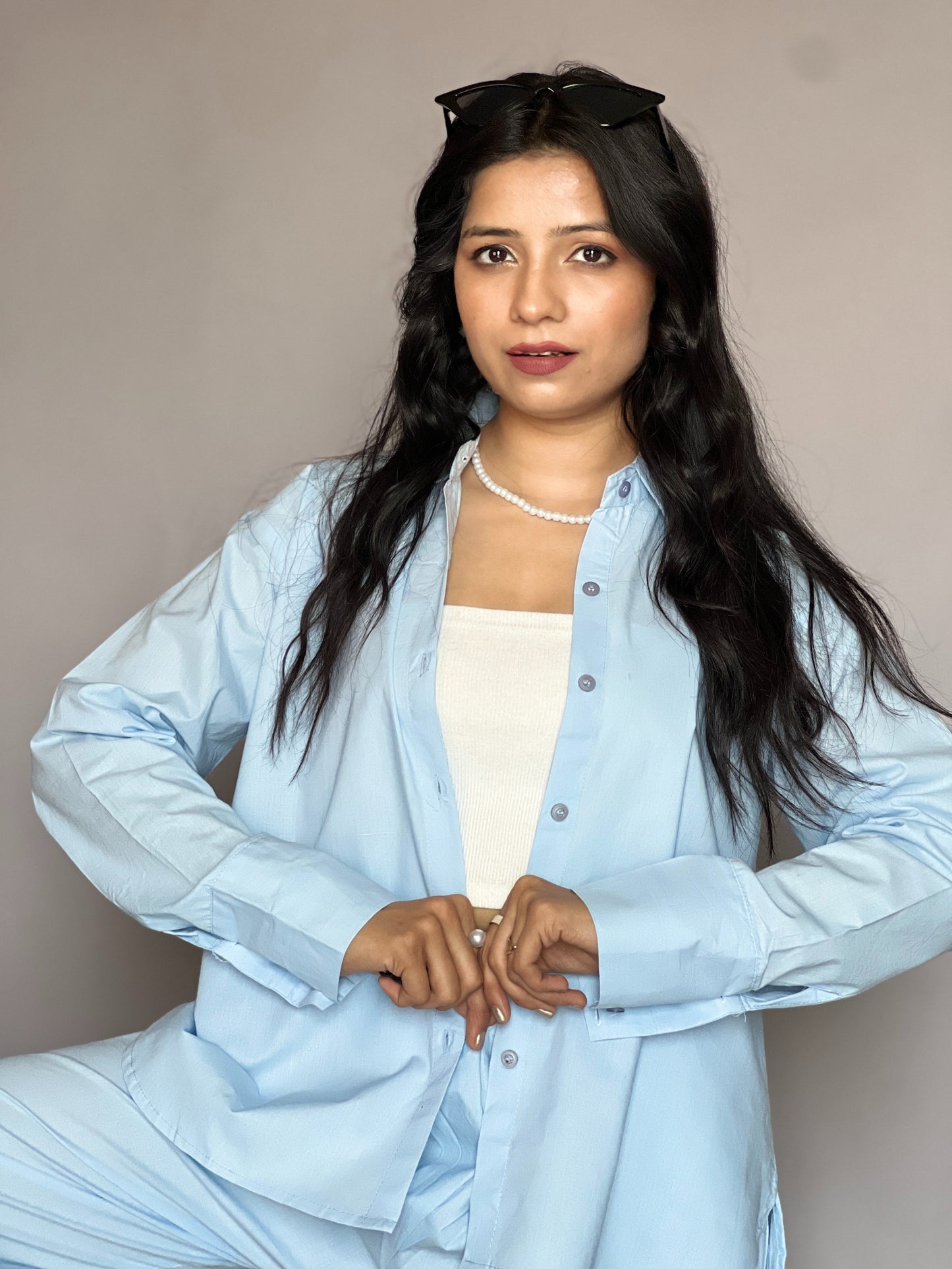 Dusty Blue 2-Piece Cotton Shirt Set