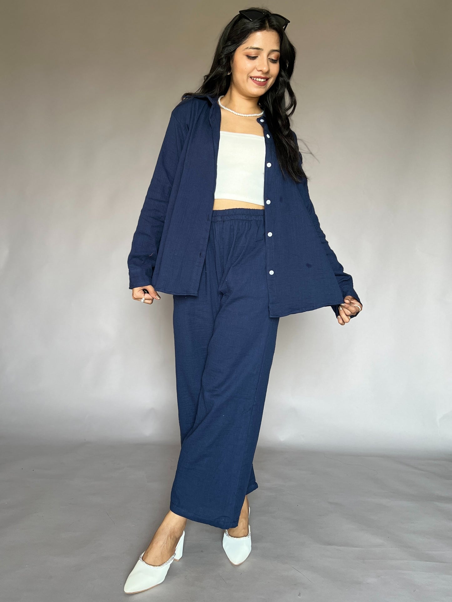 Navy Blue 2-Piece Crinkled Coord Set