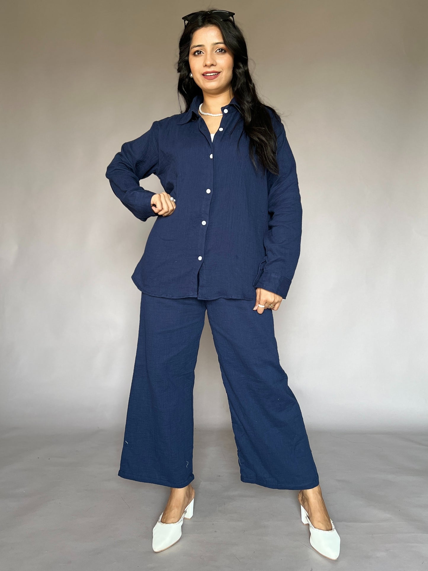 Navy Blue 2-Piece Crinkled Coord Set