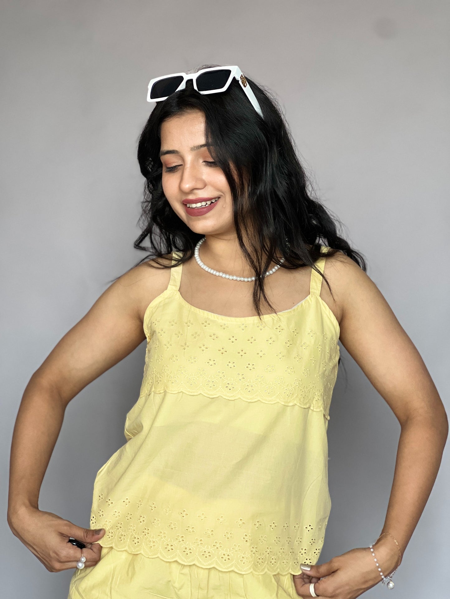 Lemon Yellow 2-Piece Embroidered Shorts Coord Set