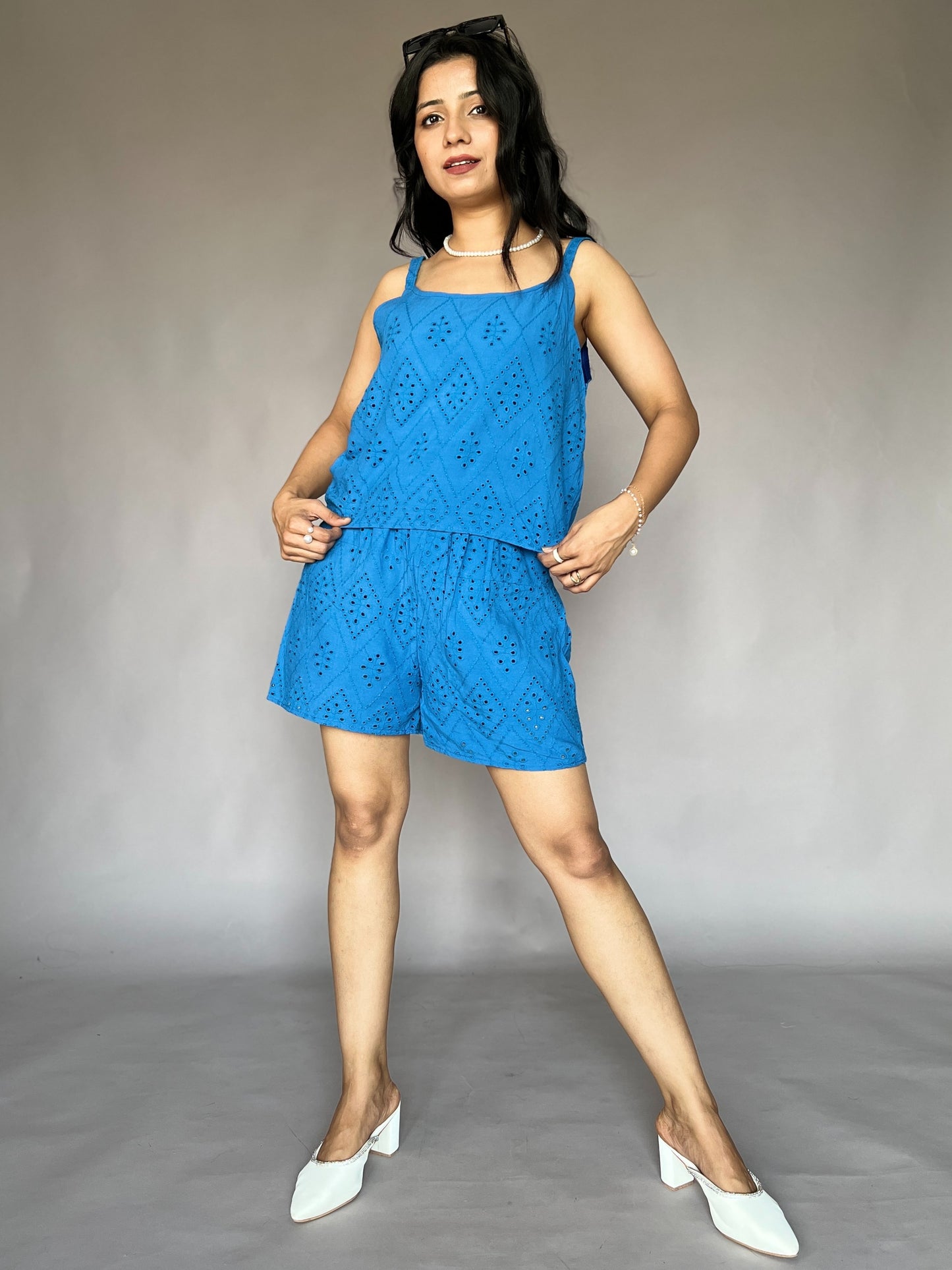 Electric Blue 2-Piece Embroidered Shorts Coord Set