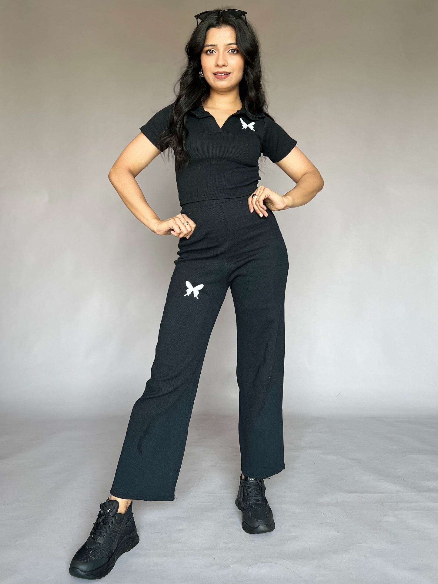 Black Butterfly Embroidered 2-Piece Airport Coord Set