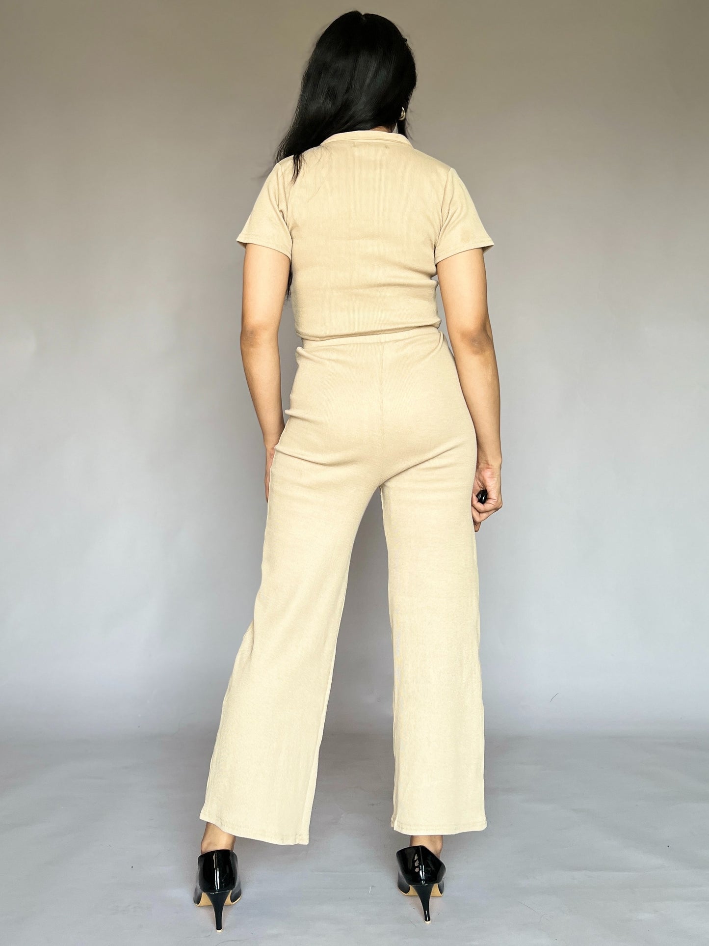 Butterfly Beige Collar Airport Coord Set (2-Piece)