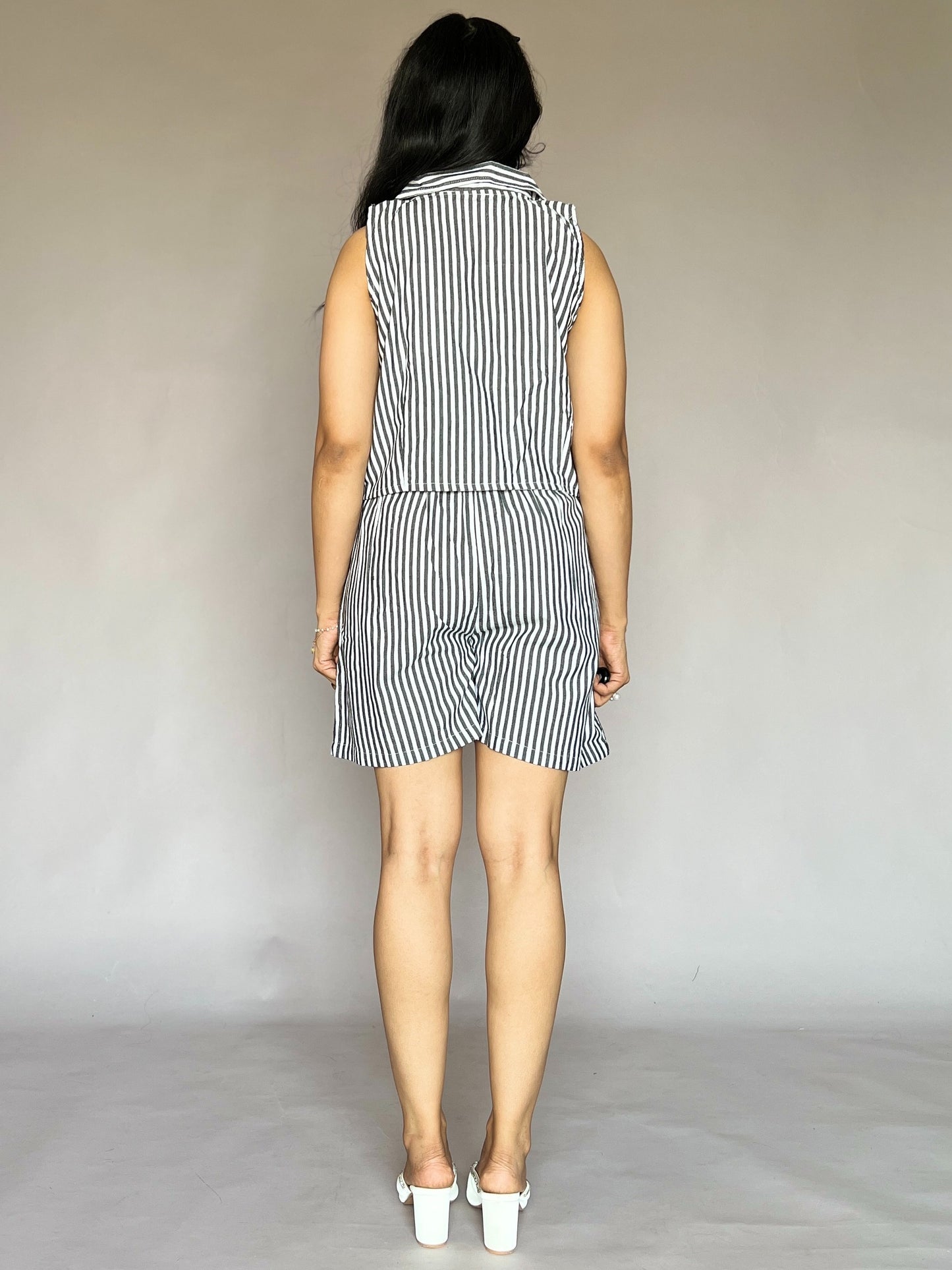 Monochrome Stripe Sleeveless Coord Set (2-Piece)