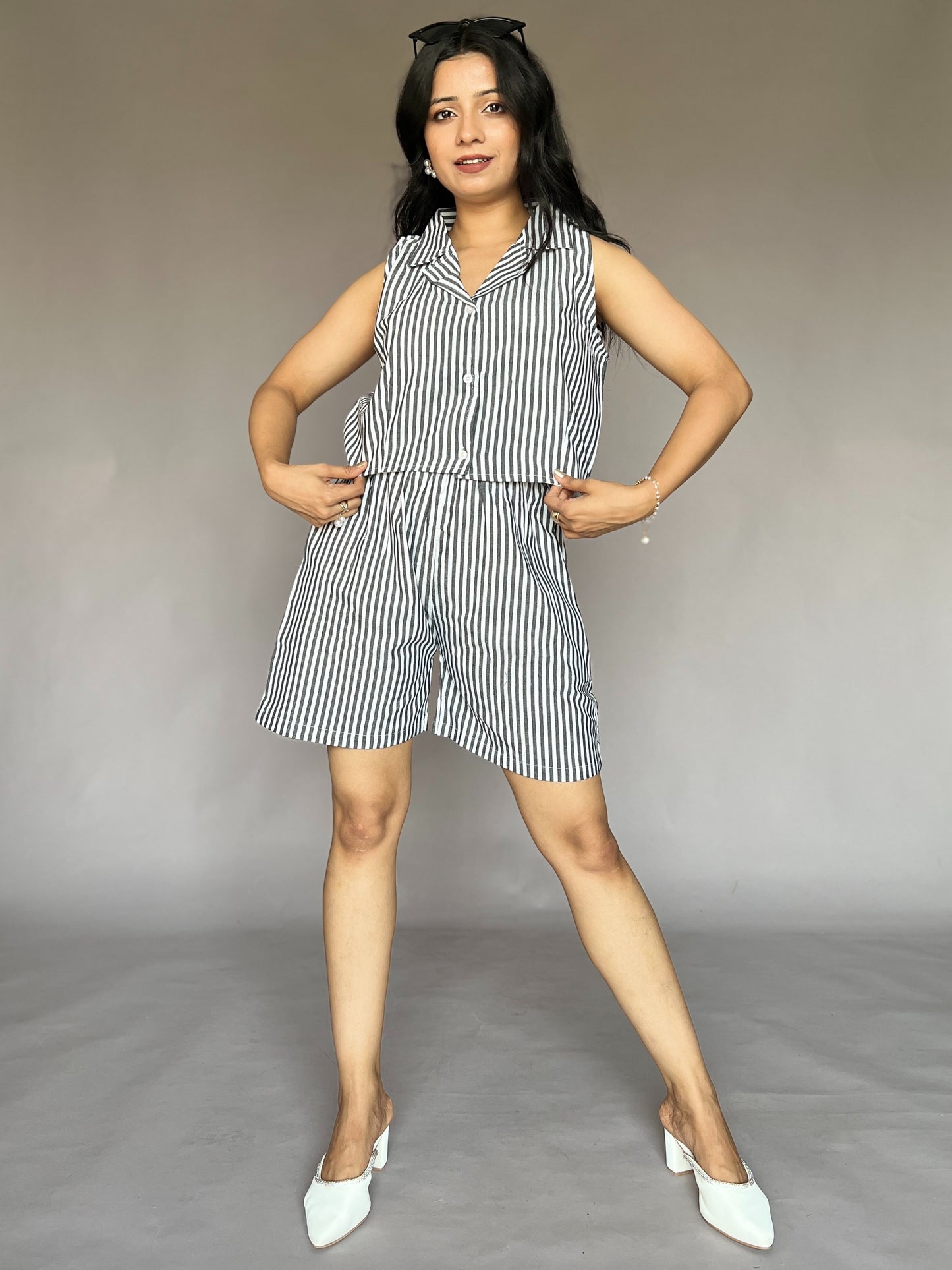 Monochrome Stripe Sleeveless Coord Set (2-Piece)