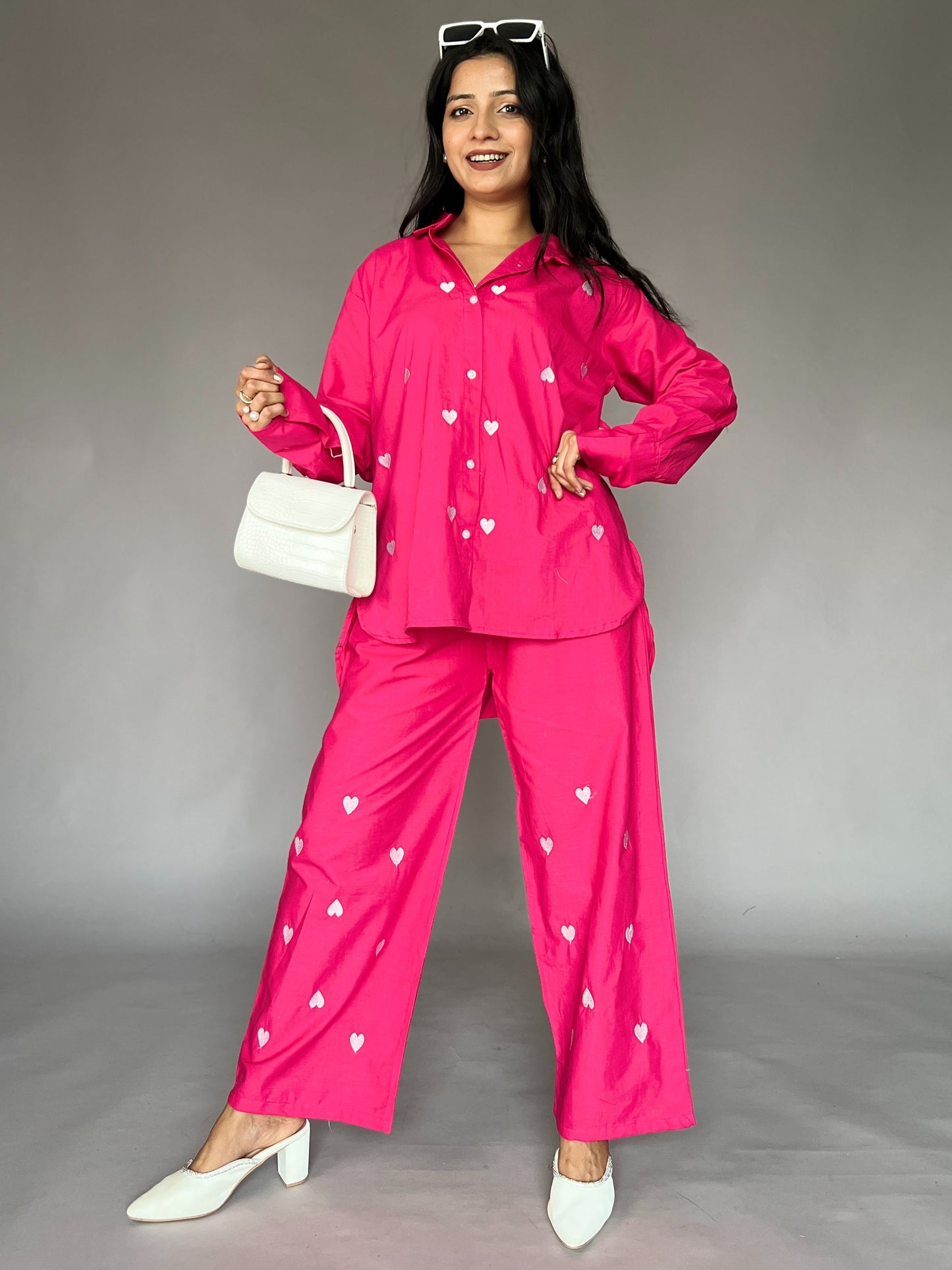 Hot Pink Heart Embroidery 2-Piece Cotton Coord Set