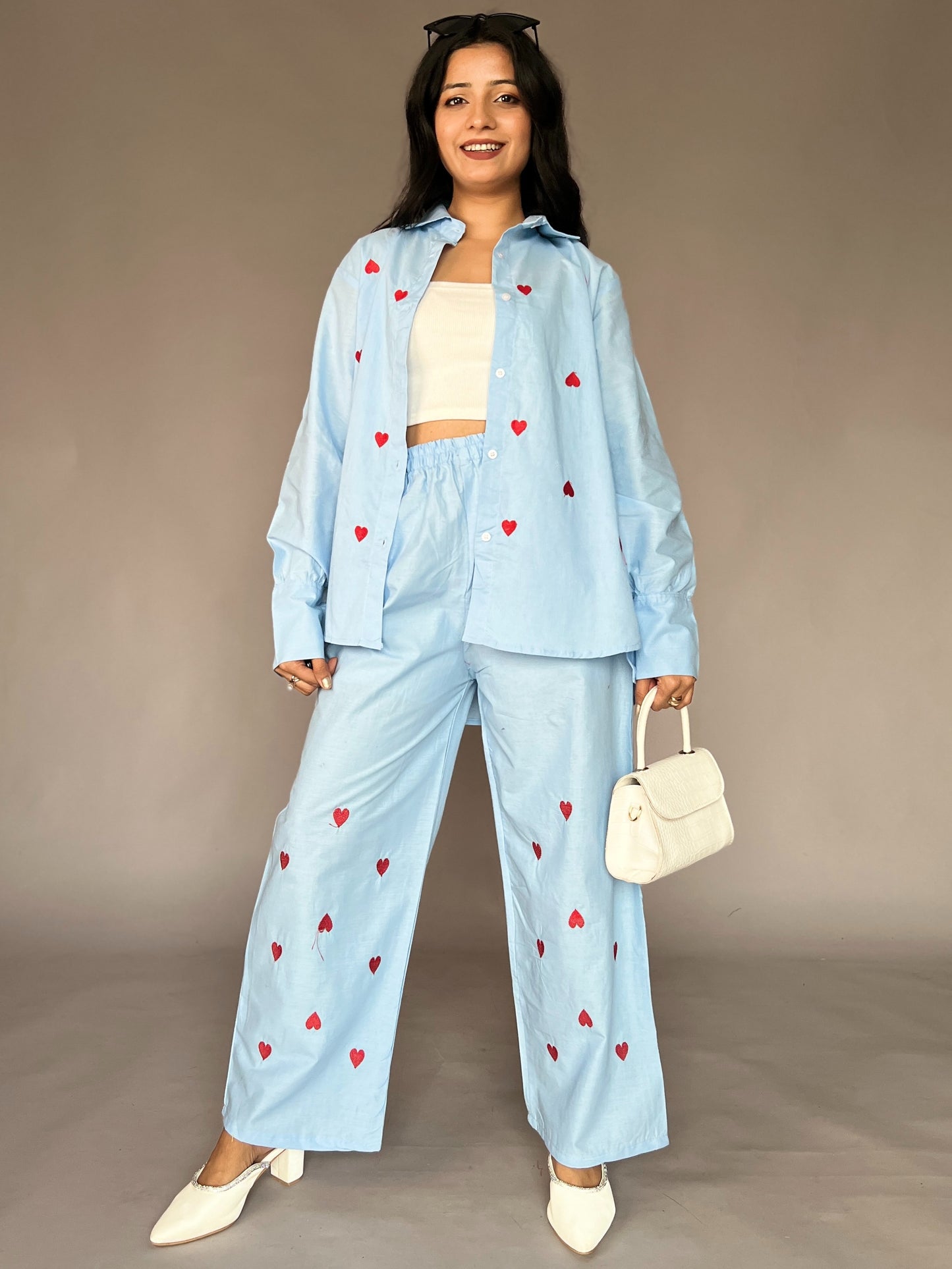 Sky Blue Heart Embroidery 2-Piece Cotton Coord Set