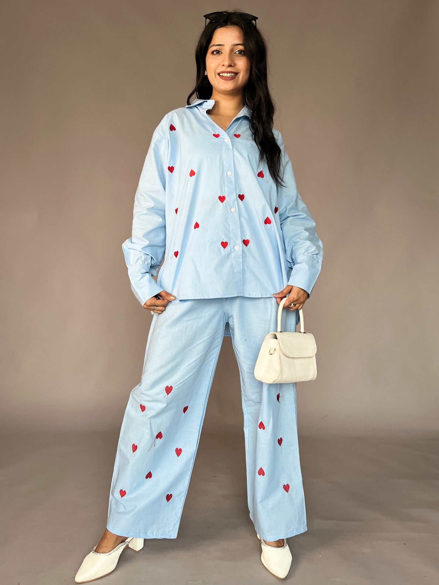 Sky Blue Heart Embroidery 2-Piece Cotton Coord Set