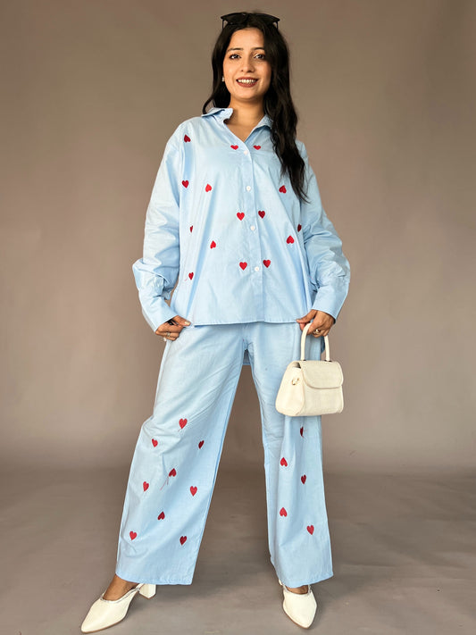 Sky Blue Heart Embroidery 2-Piece Cotton Coord Set