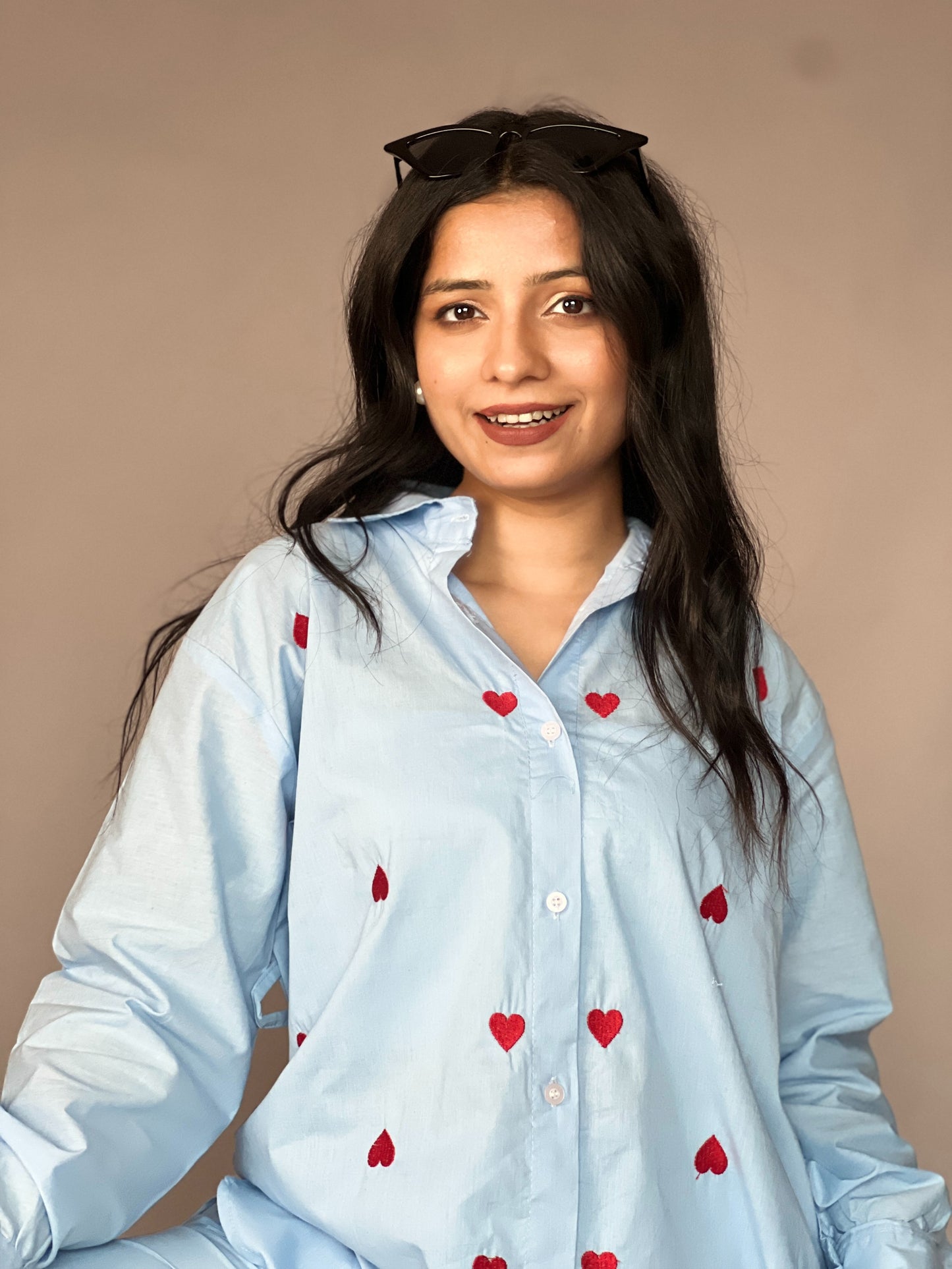 Sky Blue Heart Embroidery 2-Piece Cotton Coord Set