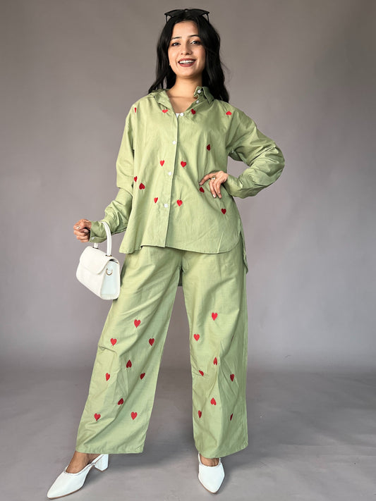 Pastel Green Heart Embroidery 2-Piece Cotton Coord Set