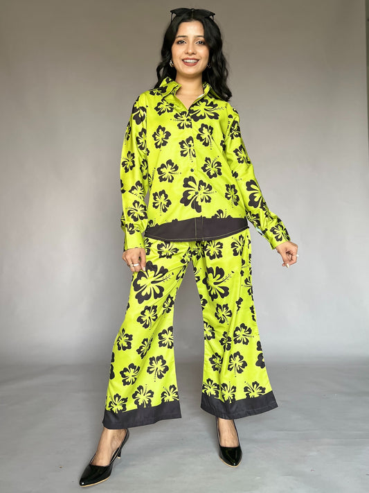 Lime Floral 2-Piece Satin Coord Set