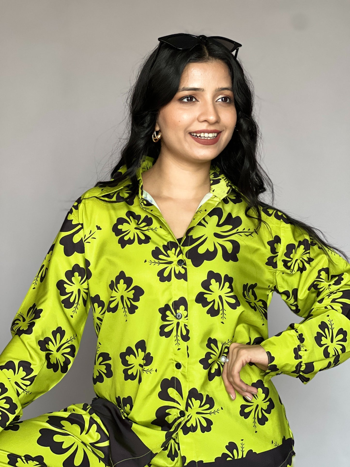 Lime Floral 2-Piece Satin Coord Set