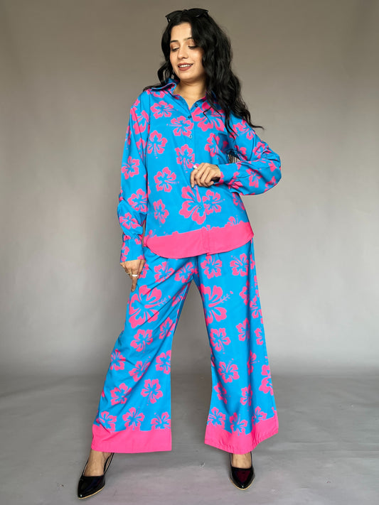 Blue & Pink Floral 2-Piece Satin Coord Set