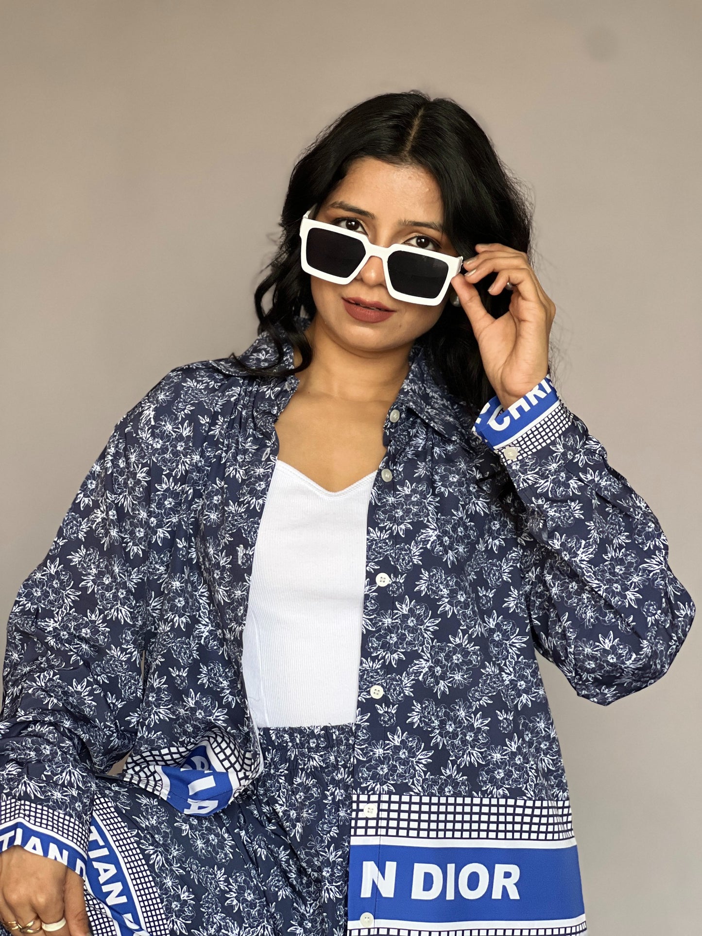 Christian Dior-Inspired Blue Floral 2-Piece Coord Set