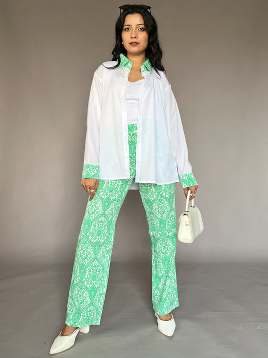 White & Mint Green 2-Piece Contrast Collar Coord Set