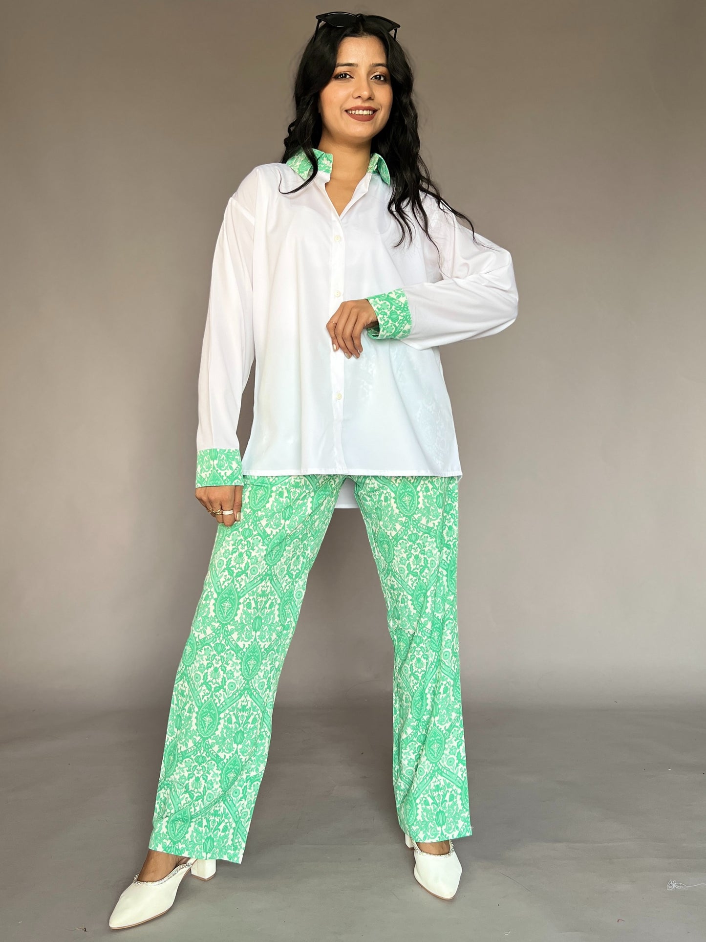 White & Mint Green 2-Piece Contrast Collar Coord Set