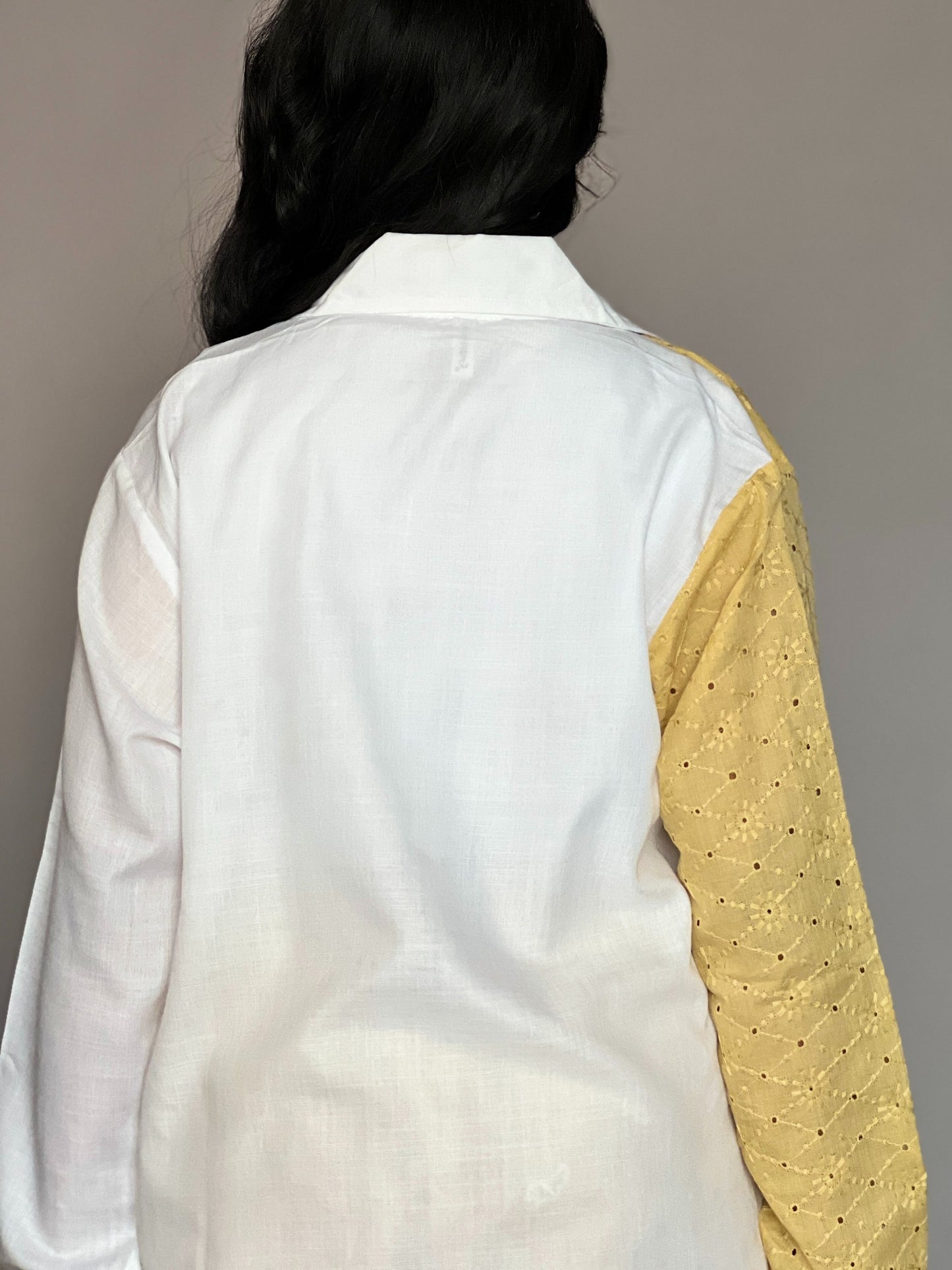 White & Mustard Yellow Textured Sleeve Coord Set
