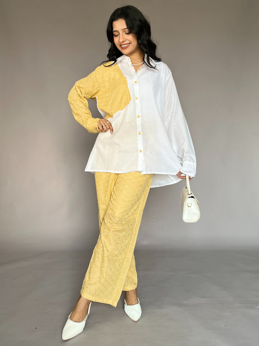 White & Mustard Yellow Textured Sleeve Coord Set