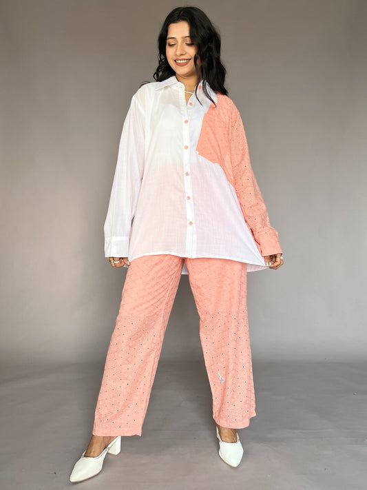 White & Peach Pink Embroidered Sleeve Coord Set