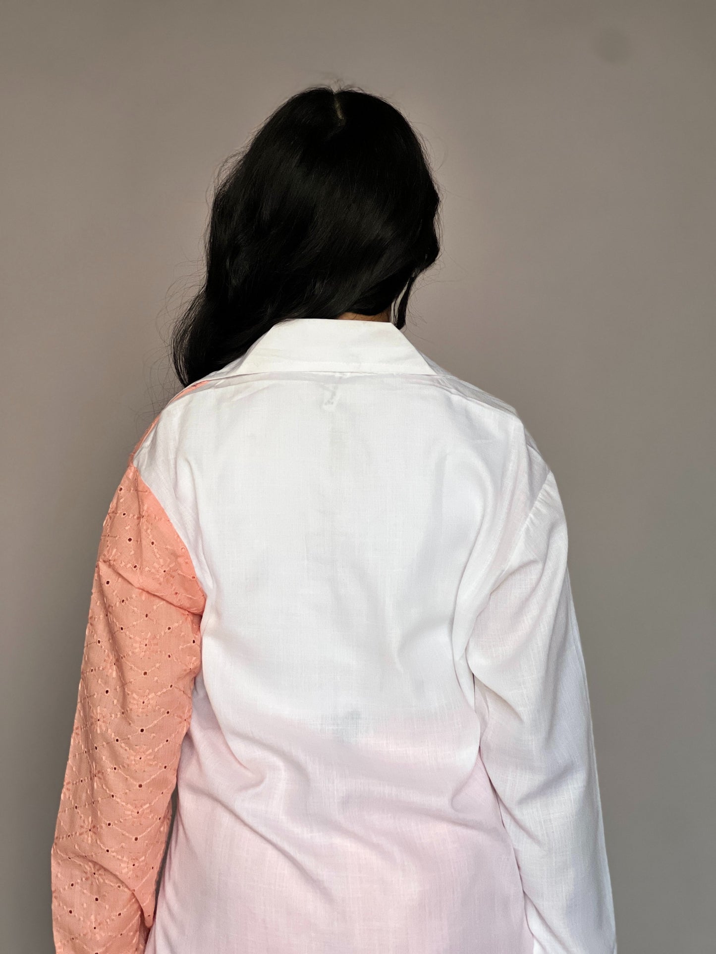 White & Peach Pink Embroidered Sleeve Coord Set