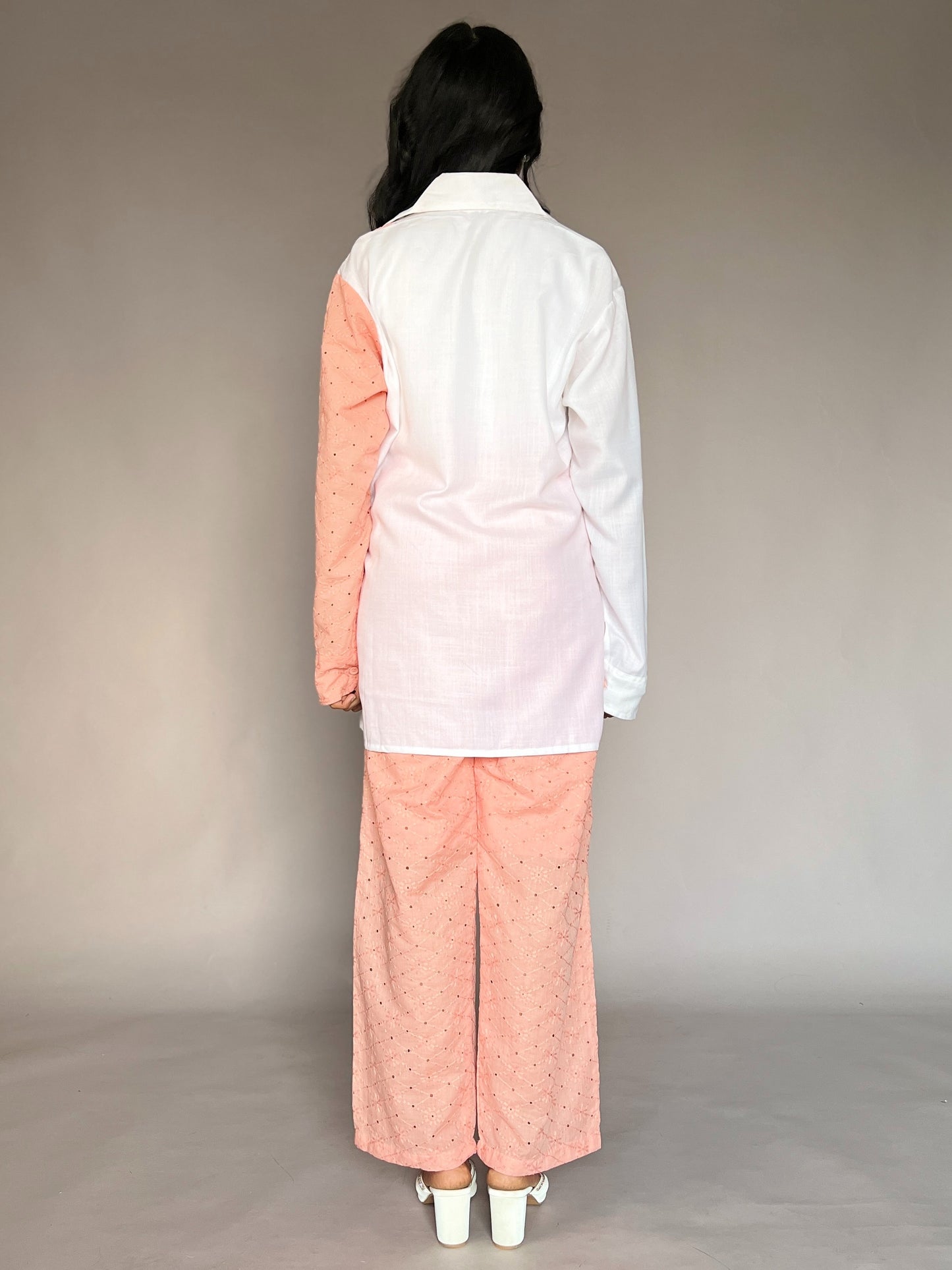 White & Peach Pink Embroidered Sleeve Coord Set