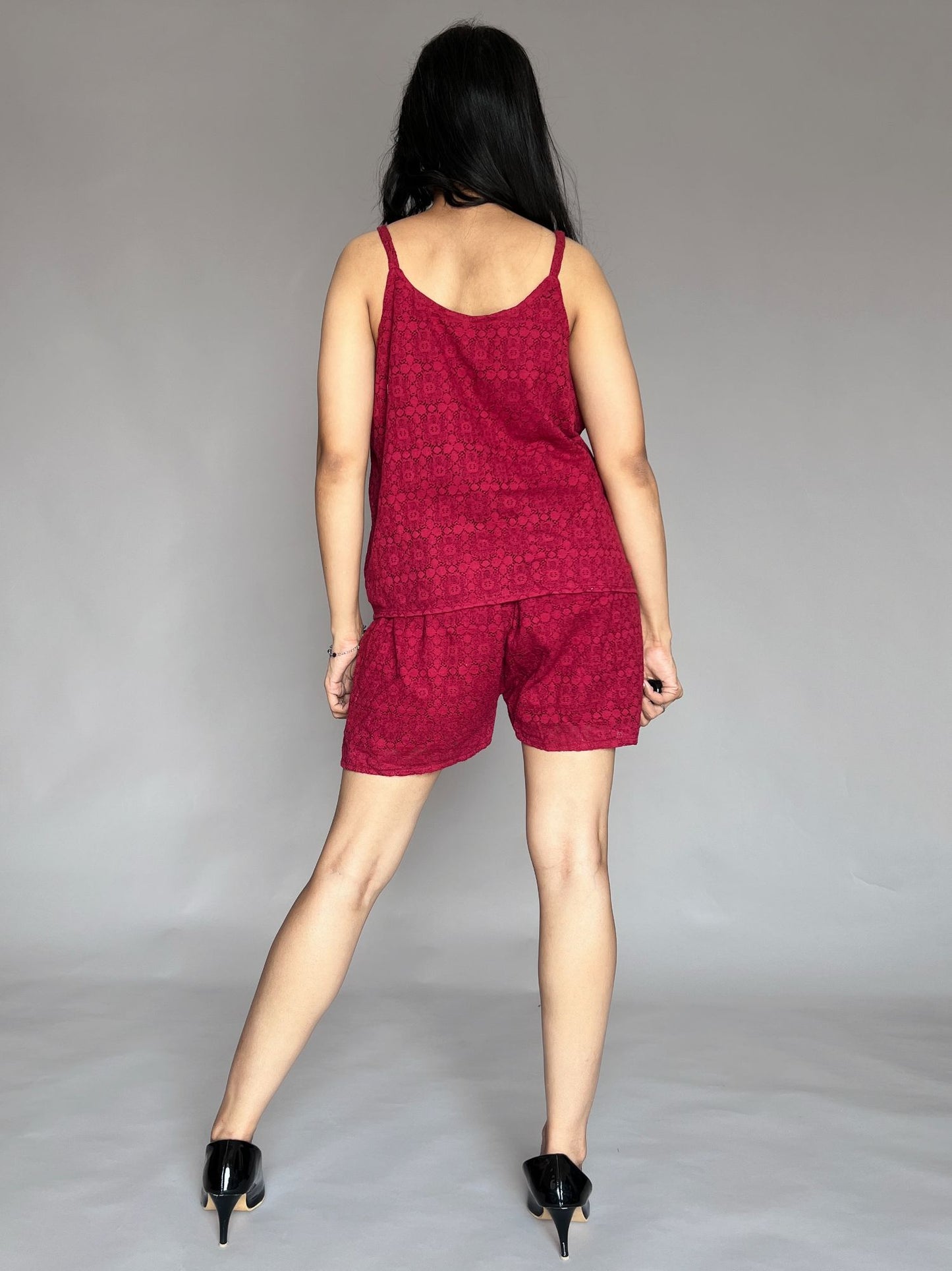 Cherry Red Lace Co-ord Set – Spaghetti Top & Shorts