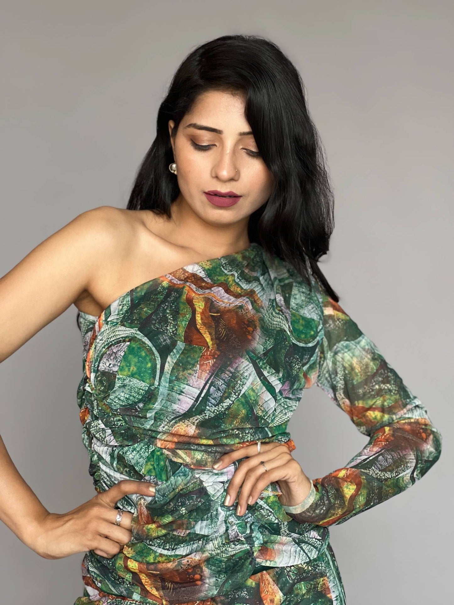 Abstract Print One-Shoulder Skirt Co-ord Set – 2 Piece
