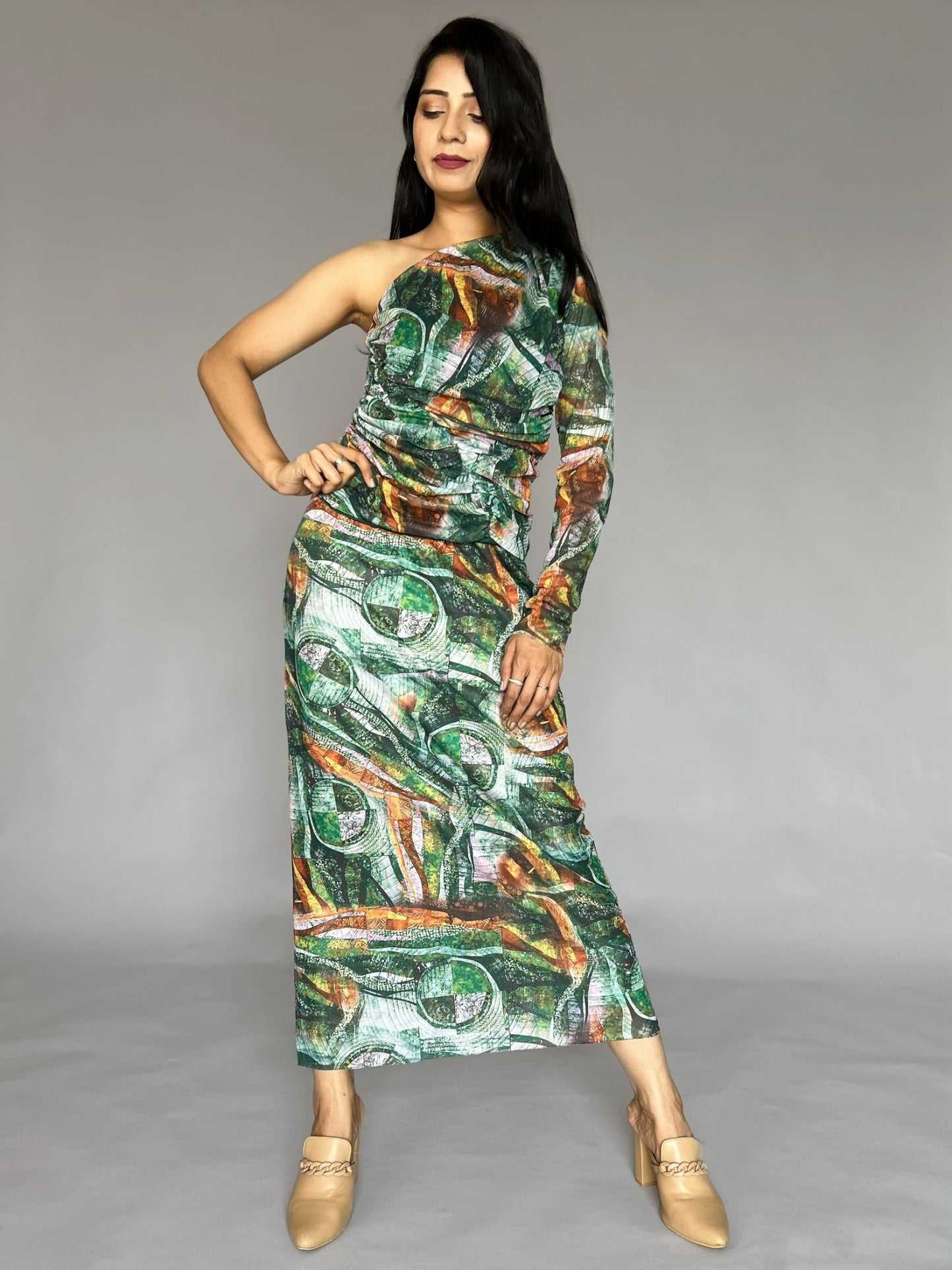 Abstract Print One-Shoulder Skirt Co-ord Set – 2 Piece