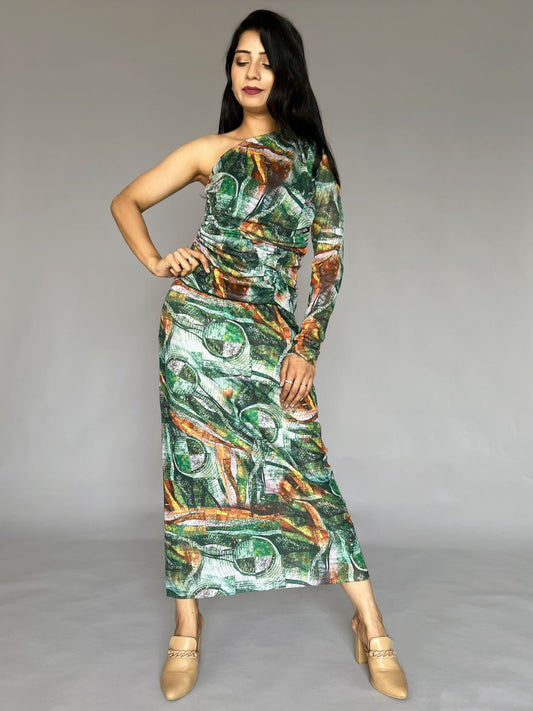 Abstract Print One-Shoulder Skirt Co-ord Set – 2 Piece