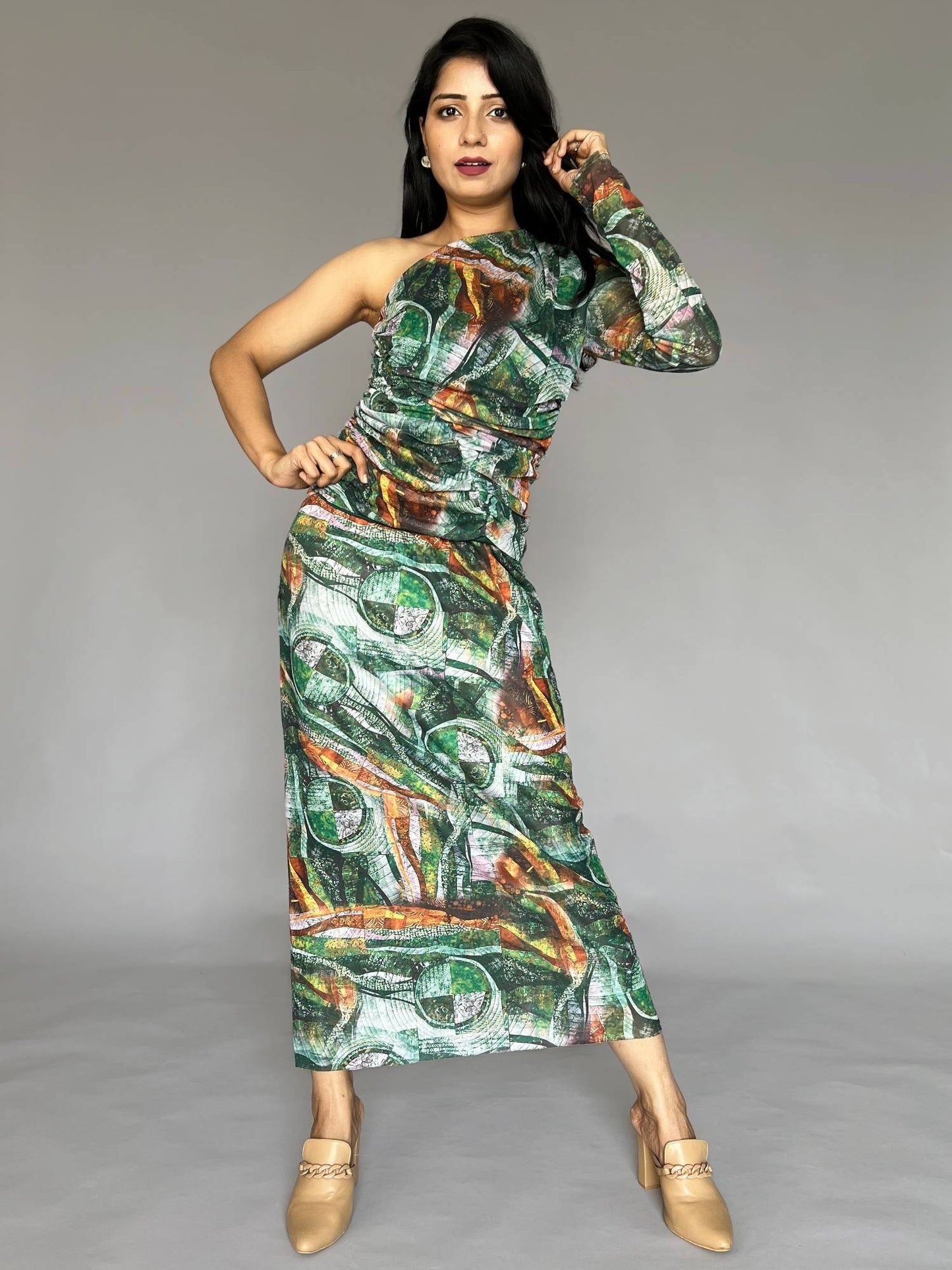 Abstract Print One-Shoulder Skirt Co-ord Set – 2 Piece