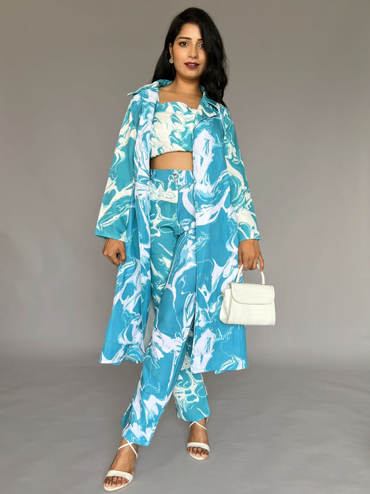 Blue Marble Print Three-Piece Co-Ord Set