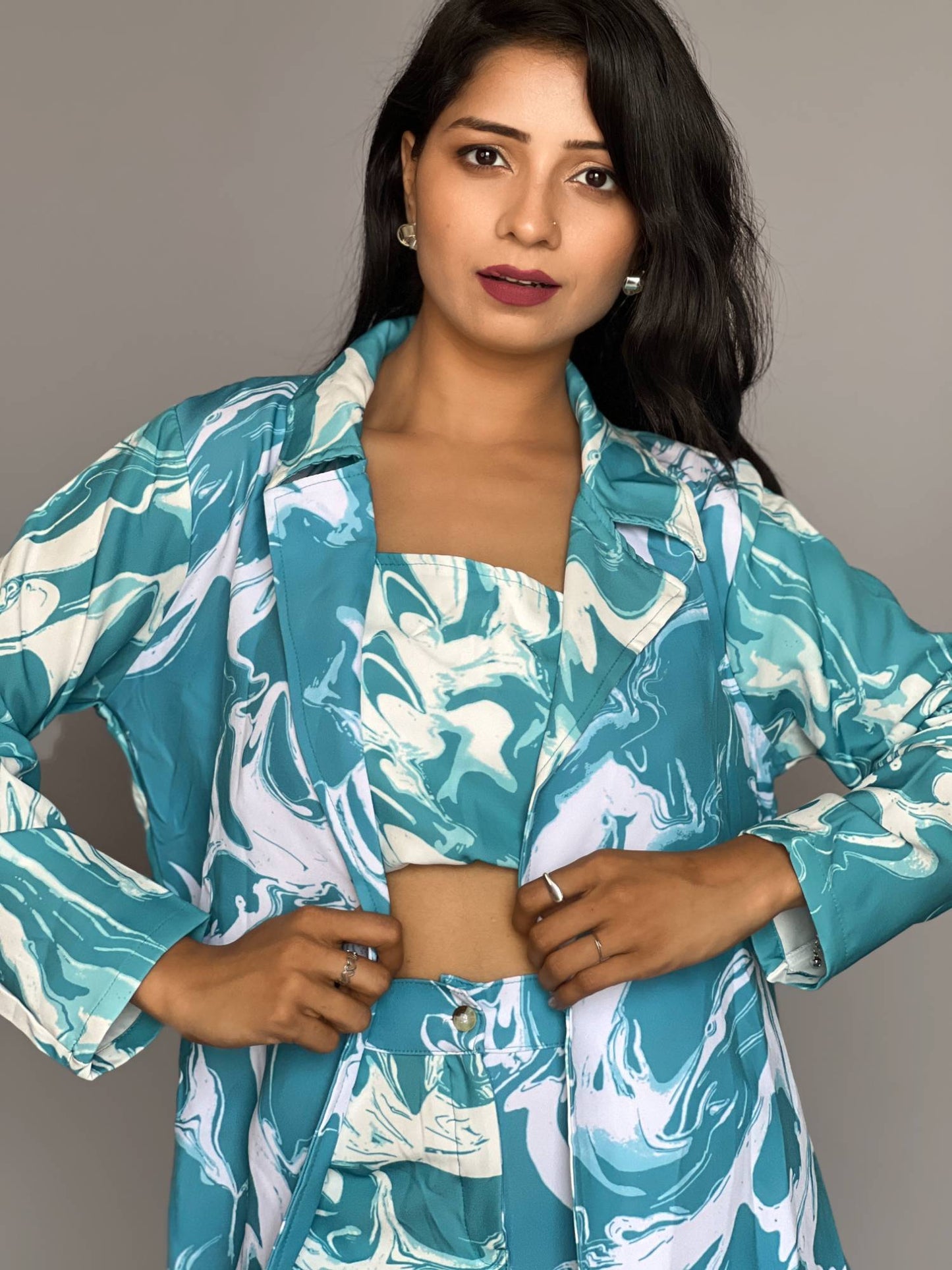 Blue Marble Print Three-Piece Co-Ord Set