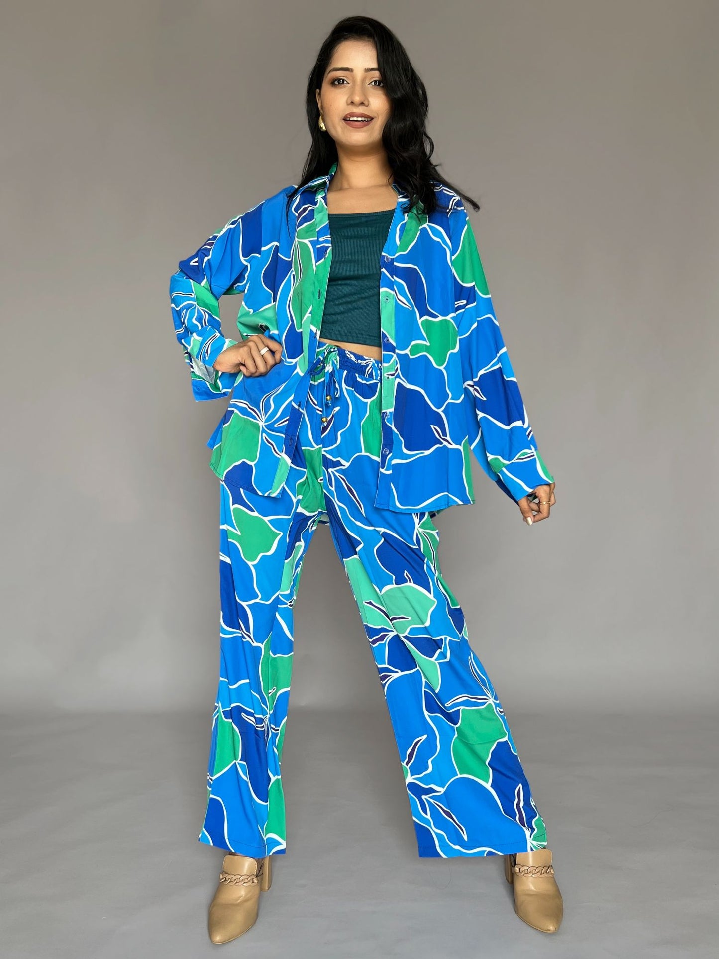 Blue Green Printed 3-Piece Pants Co-ord Set