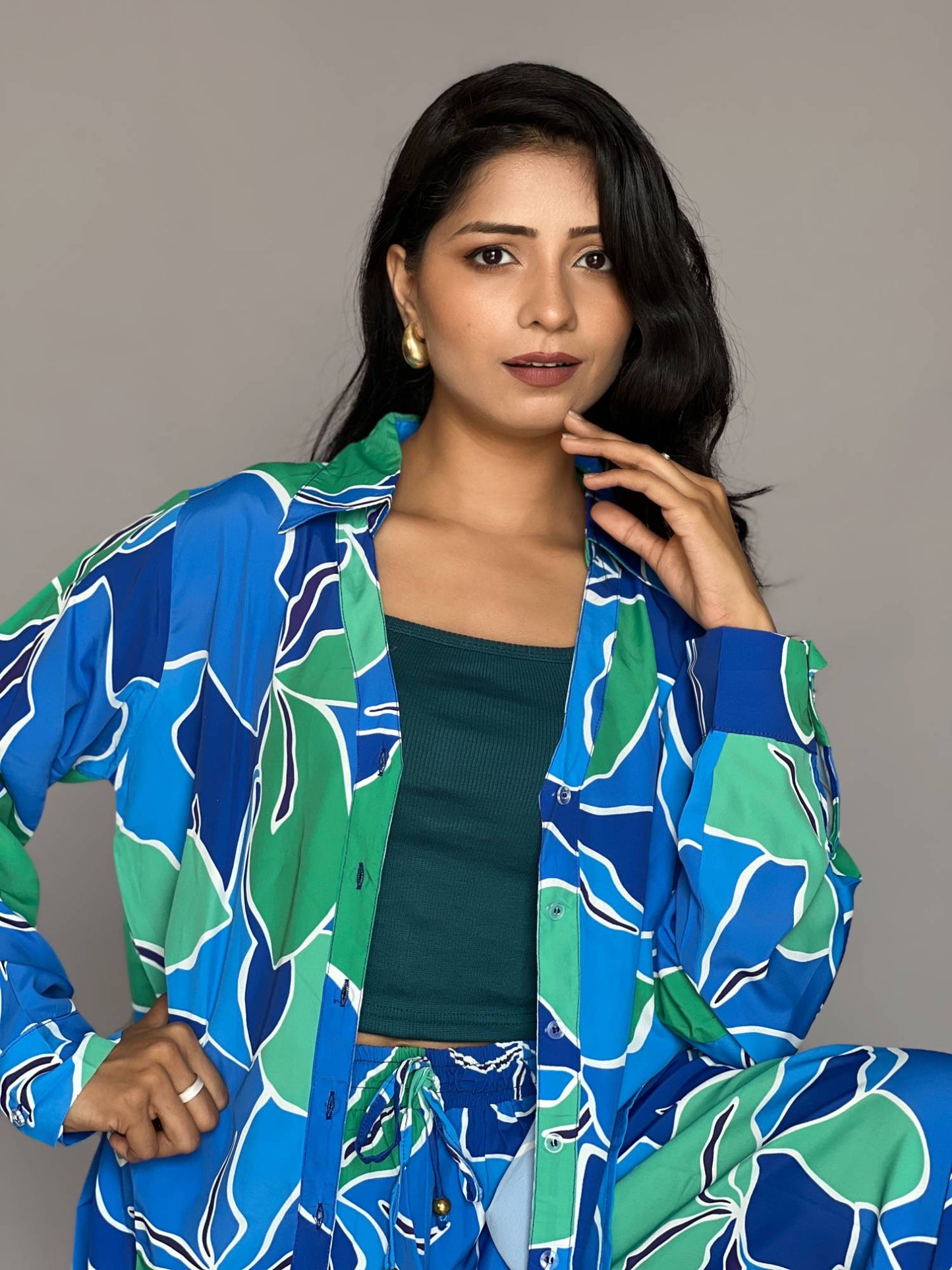 Blue Green Printed 3-Piece Pants Co-ord Set