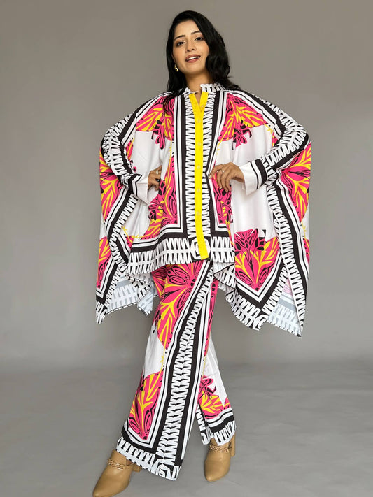 Pink White Printed 2-Piece Kaftan Pants Co-ord Set