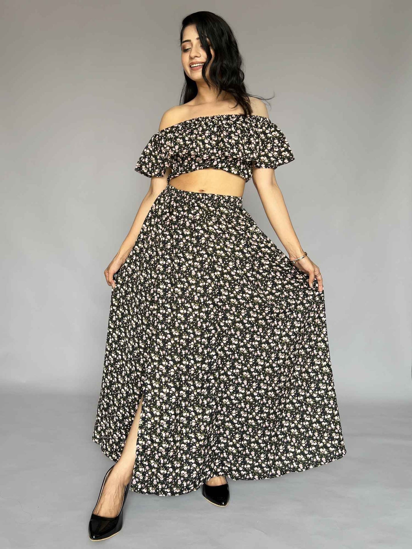 Floral Off-Shoulder Top & Skirt Co-ord – 2 Piece