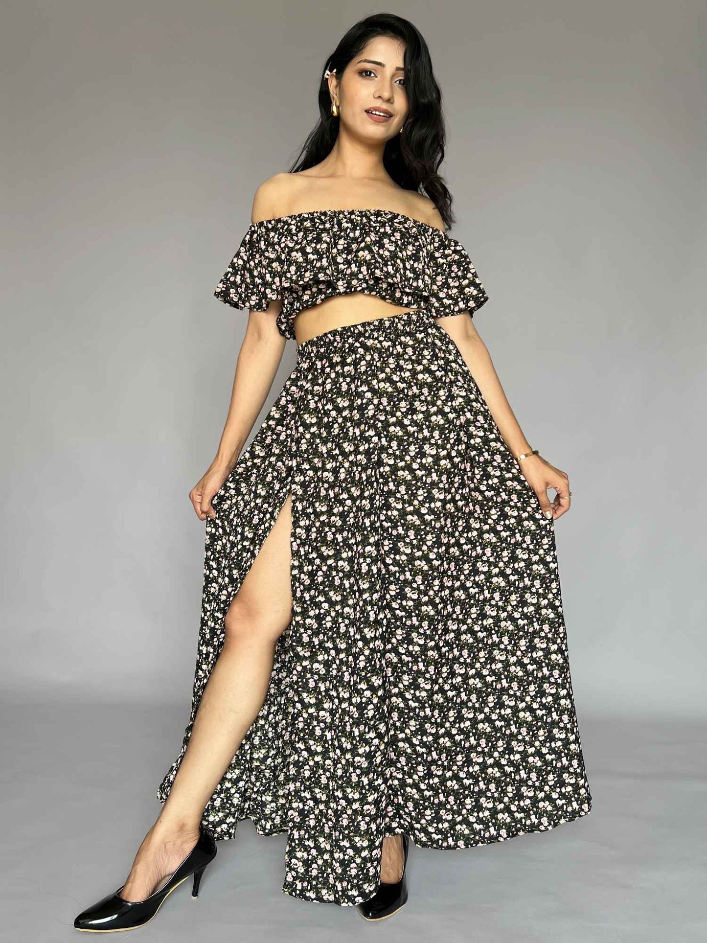 Floral Off-Shoulder Top & Skirt Co-ord – 2 Piece