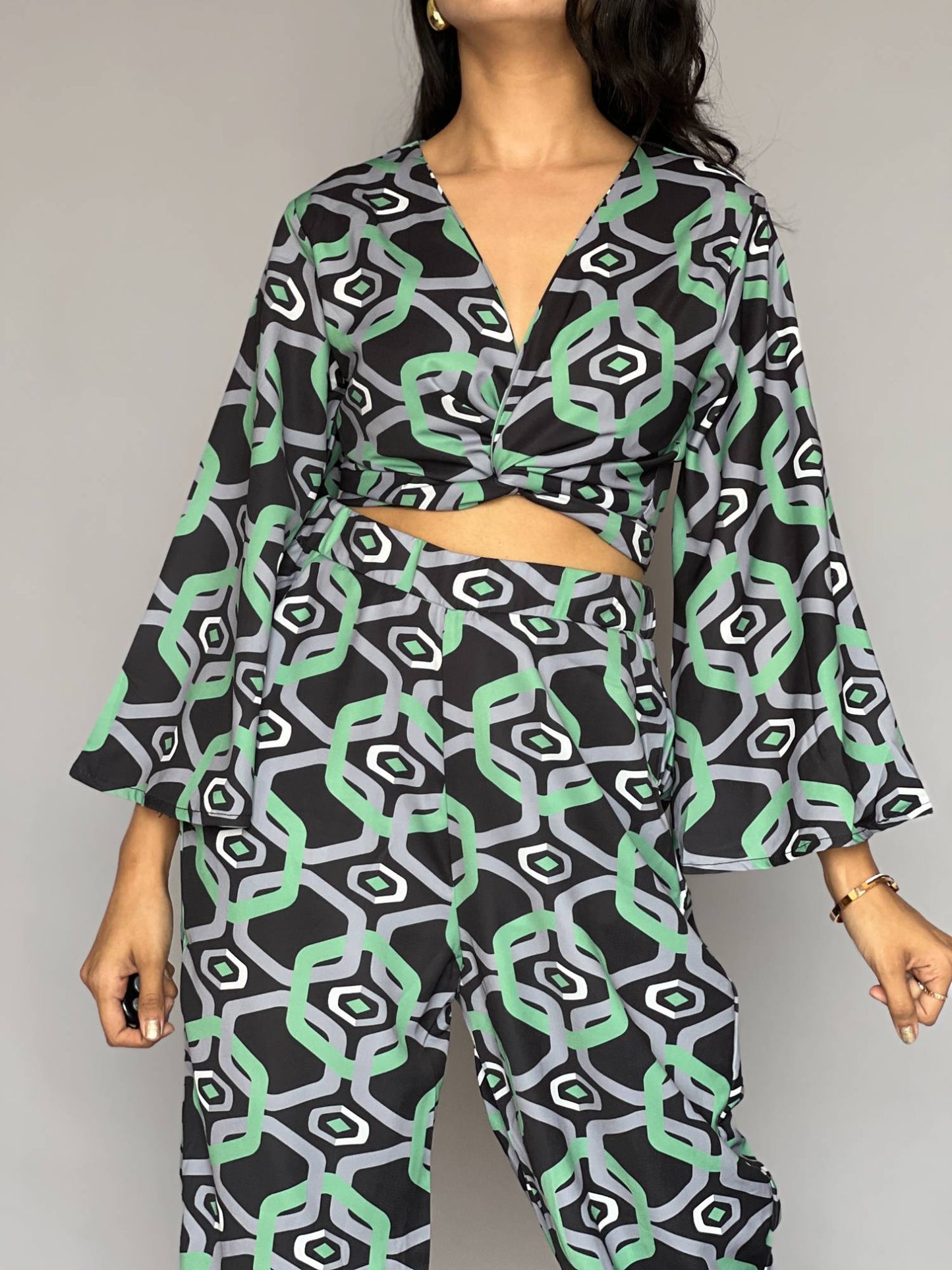 Geometric Print Flared Sleeve 2 Piece Co-Ord Set