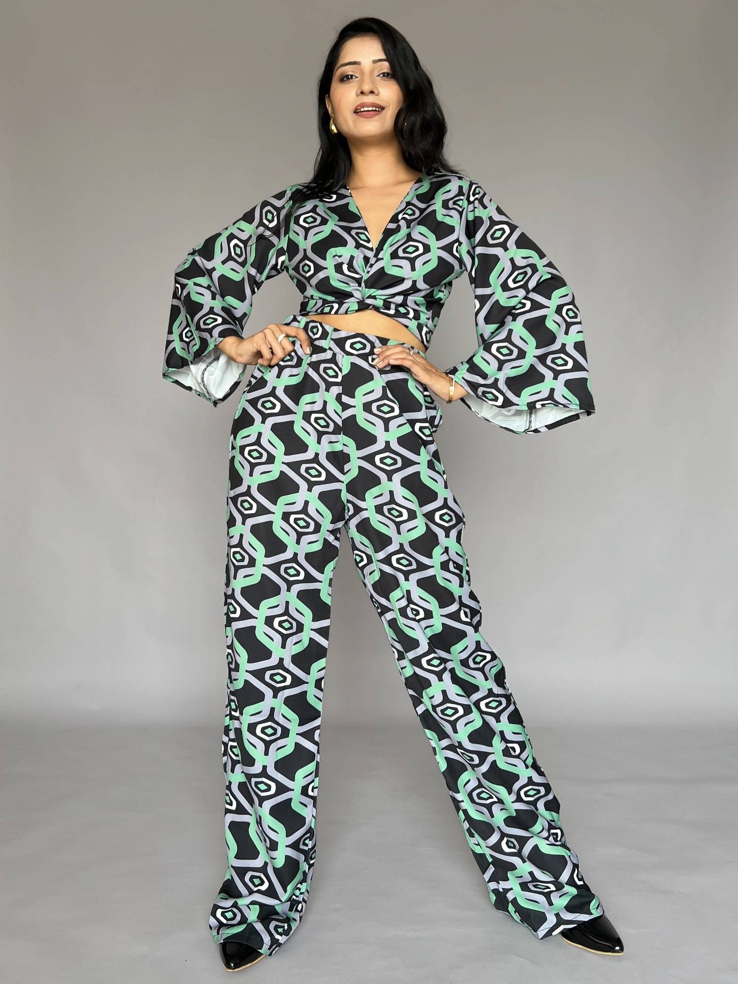 Geometric Print Flared Sleeve 2 Piece Co-Ord Set