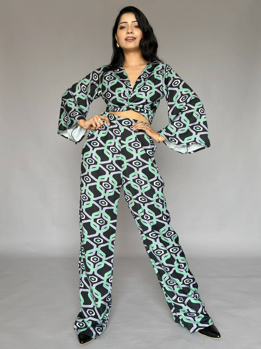 Geometric Print Flared Sleeve 2 Piece Co-Ord Set