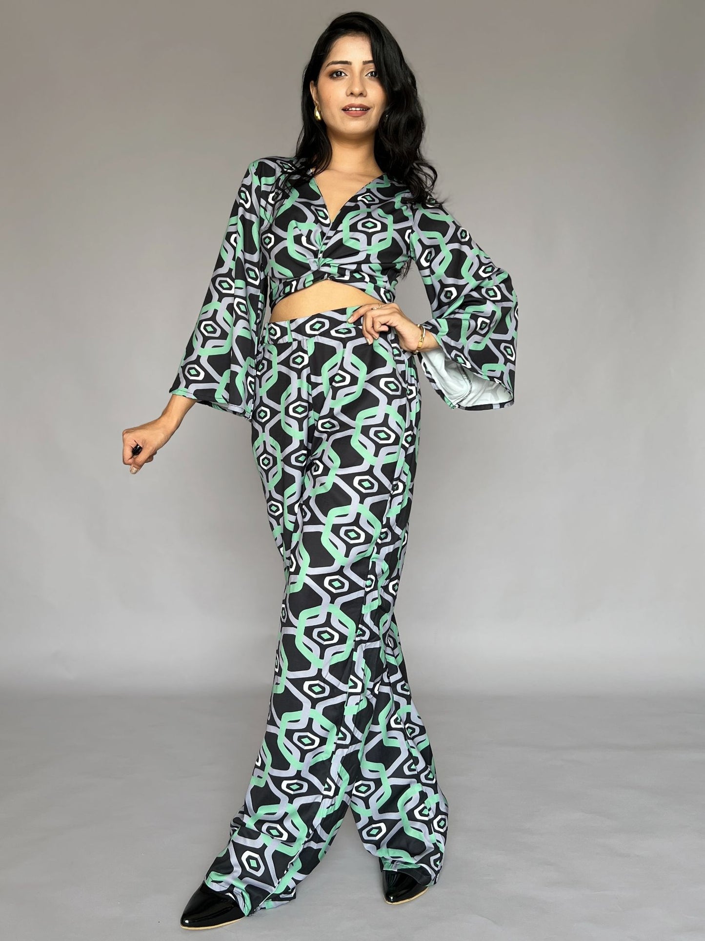 Geometric Print Flared Sleeve 2 Piece Co-Ord Set
